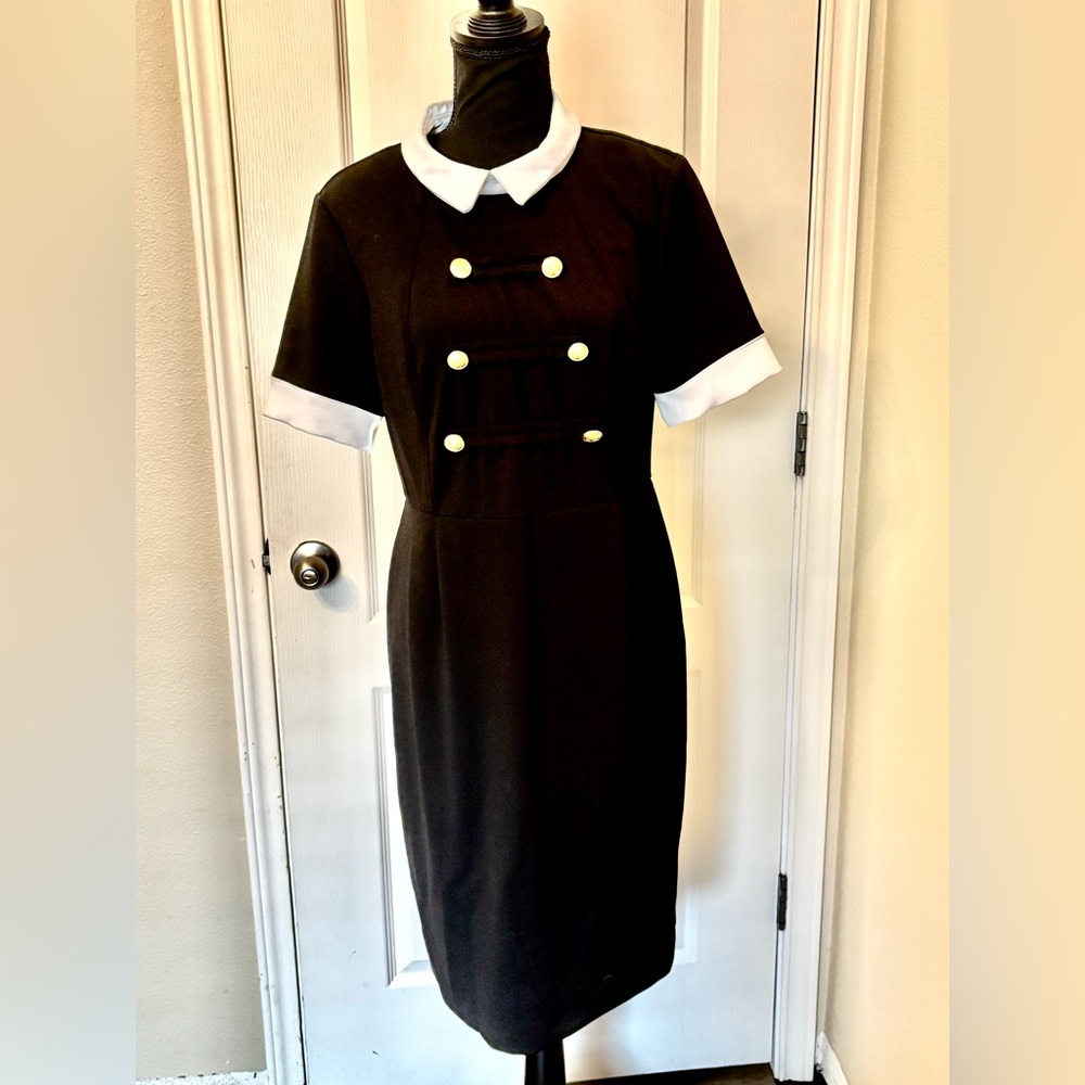 Shelby & Palmer Large dress 10 Black dress white collar Gold buttons LBD